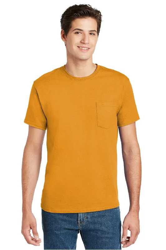 Men’s short-sleeve knoll shirts-Hanes Mens ComfortSoft Short Sleeve Crewneck T-Shirt w/ Pocket - Gold - Closeout