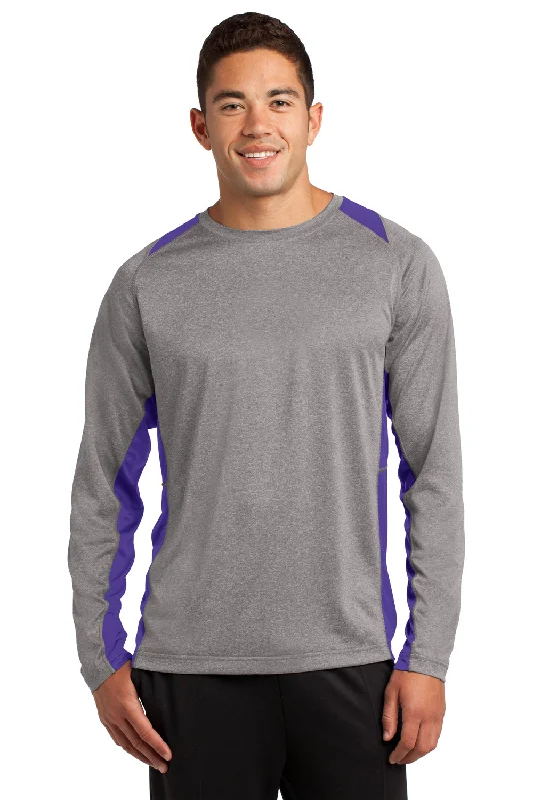 Men’s short-sleeve chert shirts-Sport-Tek Mens Contender Heather Moisture Wicking Long Sleeve Crewneck T-Shirt - Heather Vintage Grey/Purple - Closeout