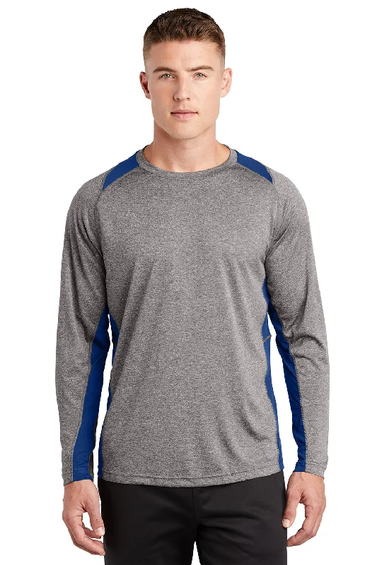 Men’s short-sleeve beryl polos-Sport-Tek Mens Contender Heather Moisture Wicking Long Sleeve Crewneck T-Shirt - Heather Vintage Grey/Royal Blue