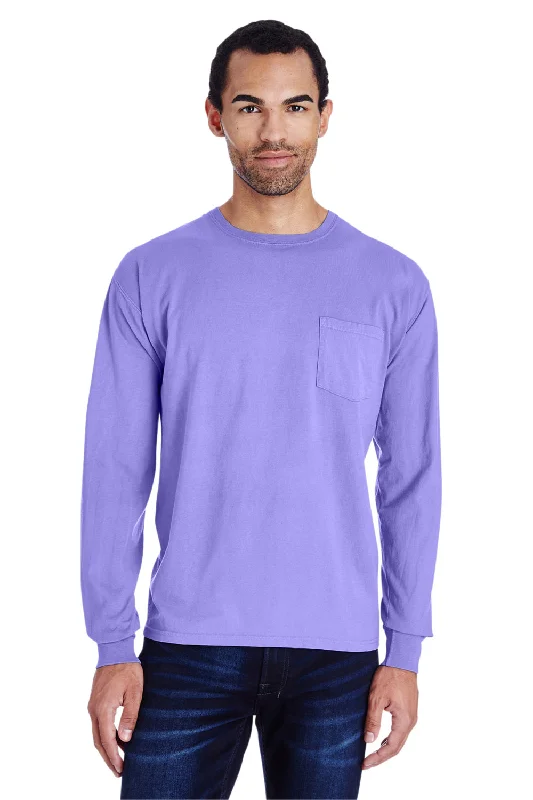 Men’s short-sleeve mire tops-ComfortWash By Hanes Mens Long Sleeve Crewneck T-Shirt w/ Pocket - Lavender Purple