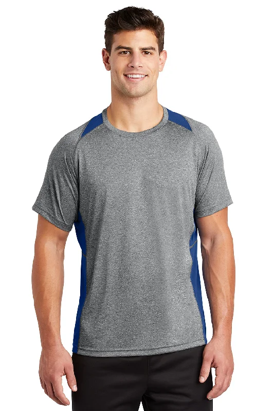 Men’s short-sleeve eider tees-Sport-Tek Mens Contender Heather Moisture Wicking Short Sleeve Crewneck T-Shirt - Heather Vintage Grey/Royal Blue