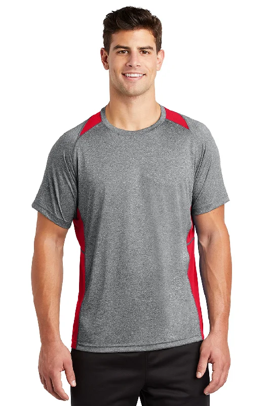 Men’s short-sleeve glint shirts-Sport-Tek Mens Contender Heather Moisture Wicking Short Sleeve Crewneck T-Shirt - Heather Vintage Grey/True Red