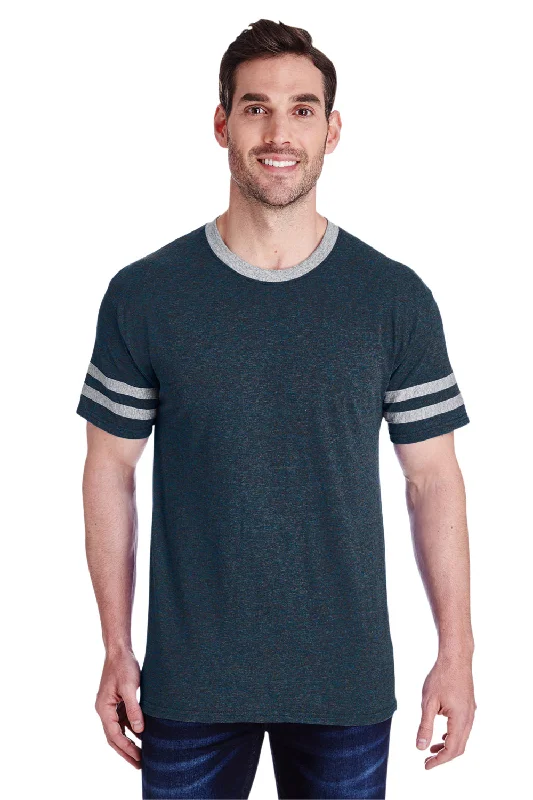 Men’s short-sleeve rime tops-Jerzees Mens Moisture Wicking Varsity Ringer Short Sleeve Crewneck T-Shirt - Heather Indigo Blue/Oxford Grey - Closeout