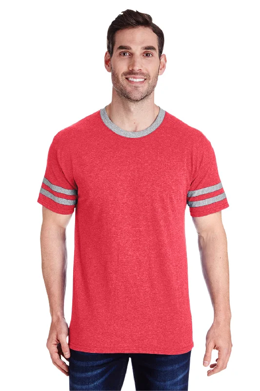 Men’s short-sleeve tilt polos-Jerzees Mens Moisture Wicking Varsity Ringer Short Sleeve Crewneck T-Shirt - Heather Fiery Red/Oxford Grey - Closeout