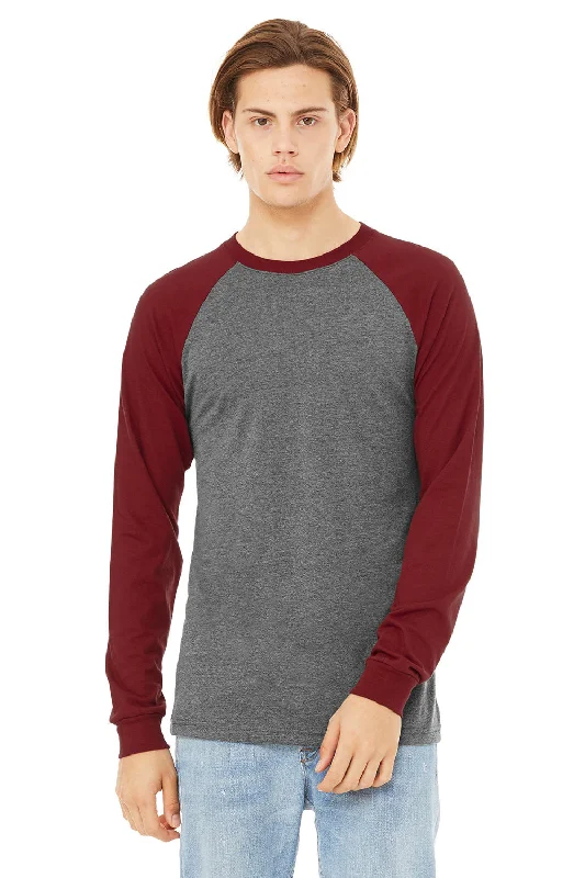 Men’s short-sleeve opal shirts-Bella + Canvas Mens Jersey Long Sleeve Crewneck T-Shirt - Heather Deep Grey/Cardinal Red