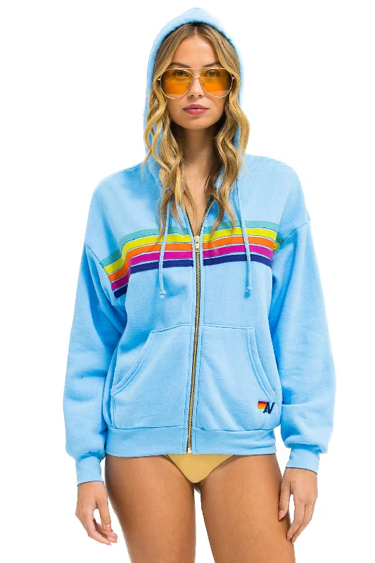 mens hoodie for stylish outdoor wear-5 STRIPE RELAXED ZIP HOODIE - SKY // RAINBOW