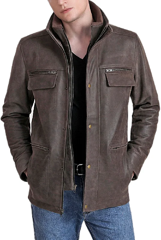 men's jackets with ergonomic pocket placement-BGSD Men Austin Distressed Cowhide Leather Hipster Jacket