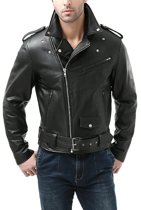 men's jackets with multi-functional pockets for storage-BGSD Men Classic Cowhide Leather Motorcycle Jacket