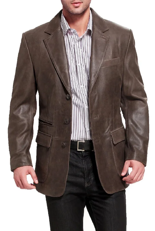 men's jackets with weatherproof zip closures-BGSD Men Mark Three-Button Distressed Cowhide Leather Blazer