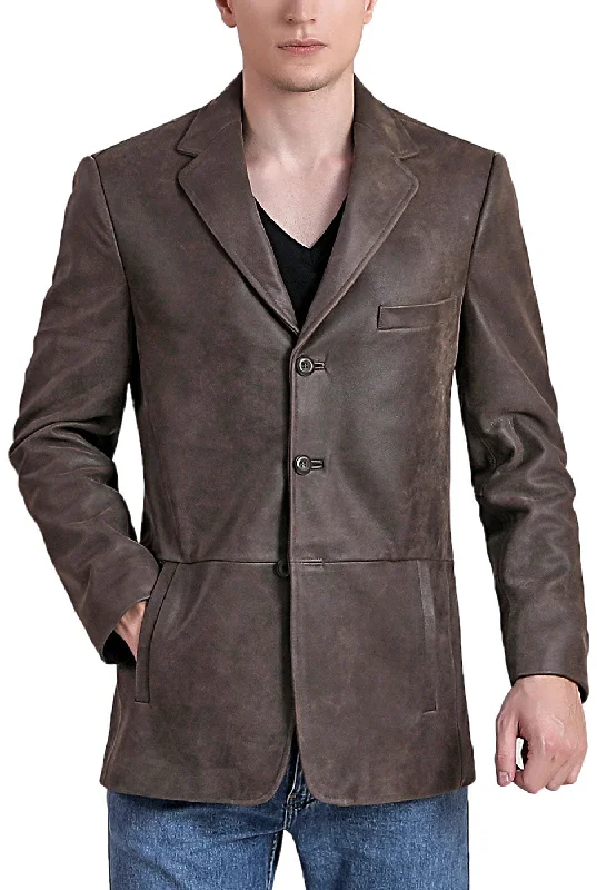 men's jackets with reinforced material at stress points-BGSD Men Nathan Three-Button Distressed Cowhide Leather Blazer