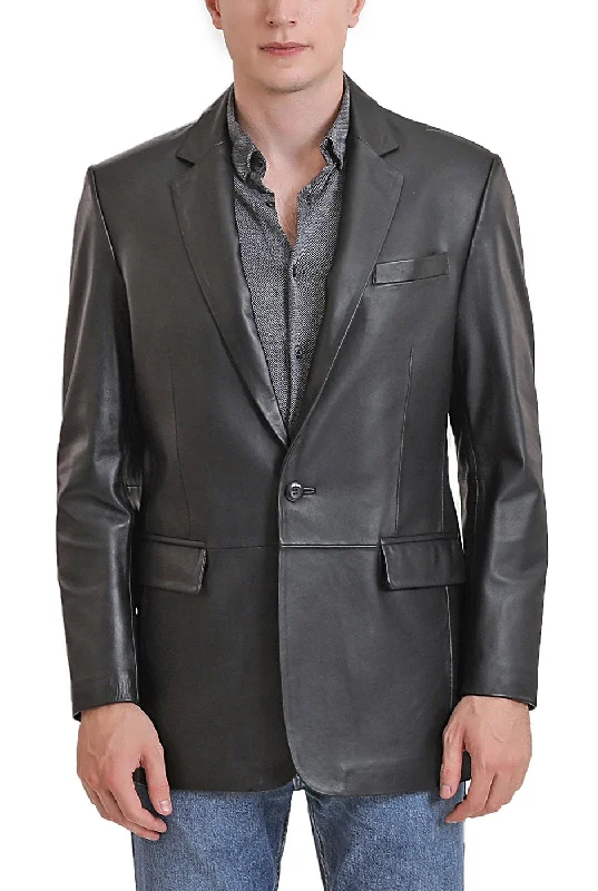 men's jackets with faux leather accents-BGSD Men Nicholas One-Button Lambskin Leather Blazer