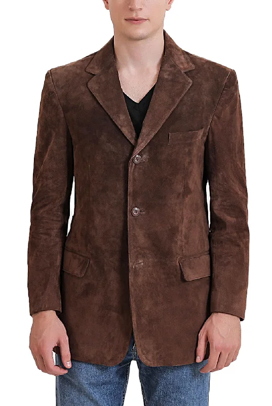 men's jackets with full-zip front for easy layering-BGSD Men Robert Three-Button Suede Leather Blazer