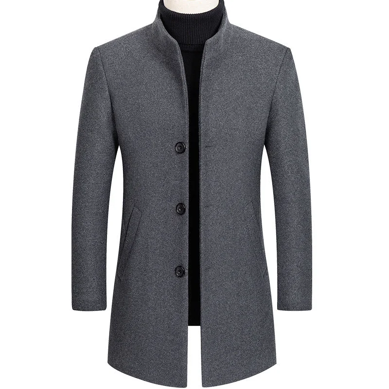 men's jackets with adjustable front zipper system-British Men's Thick Stand Collar Wool Blend Coat