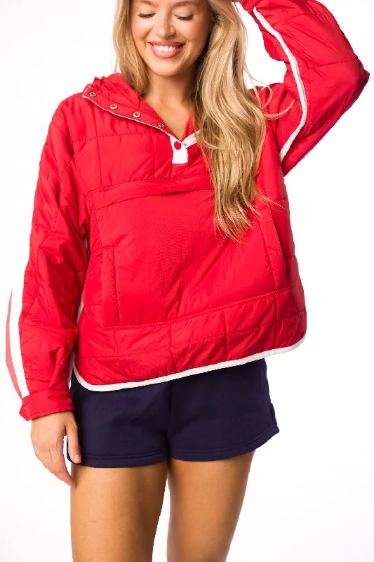 men's jackets with oversized fit for layering-Joanna Quilted Puffer Pullover in Crimson/White