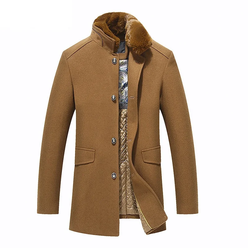 men's jackets with reinforced fabric at collar-Detachable Fur Collar Men's Premium Wool Coat