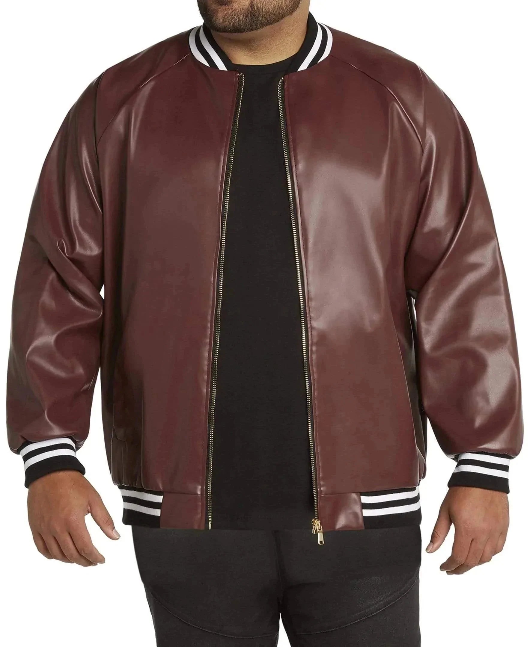 men's jackets with easy-access pockets for essentials-Faux Leather Stripe Bomber Jacket