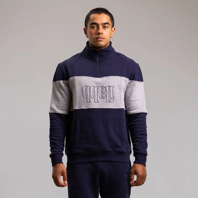 men's jackets with full coverage zippered hood-Ilabb Men's Morris Block Quarter Zip Navy Grey