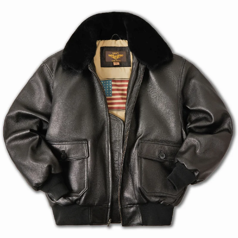 men's jackets with adjustable side vents for airflow-Landing Leathers Navy Men G-1 Goatskin Leather Flight Bomber Jacket