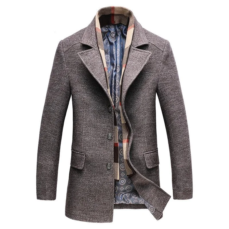 men's jackets with insulated side panels-Men's Classic Thick Fitted Scarf Wool Jacket