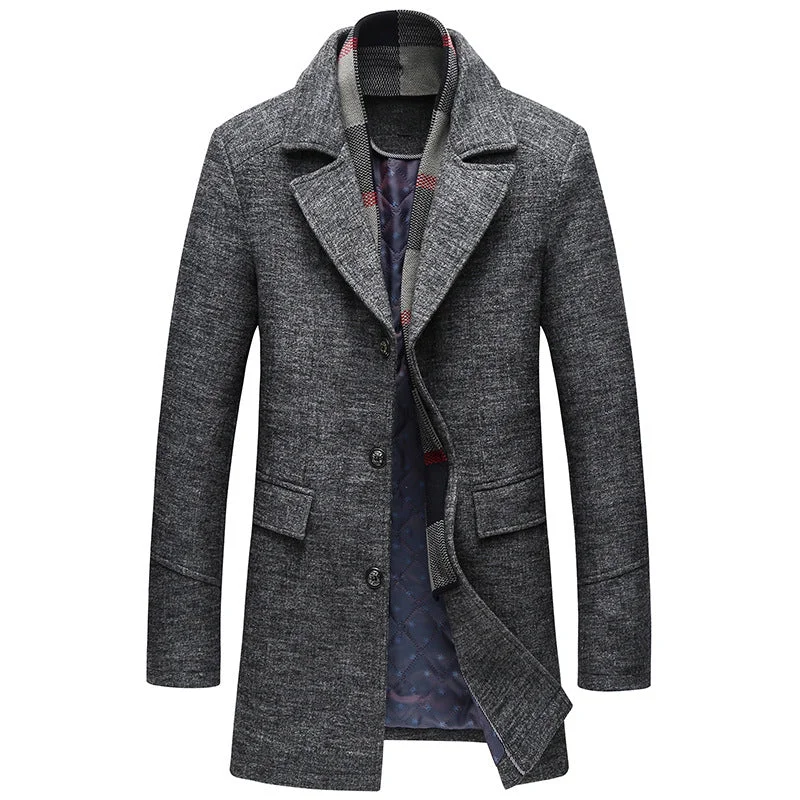 men's jackets with durable, long-lasting fabric-Men's Business Casual Slim Fit Scarf Wool Coat