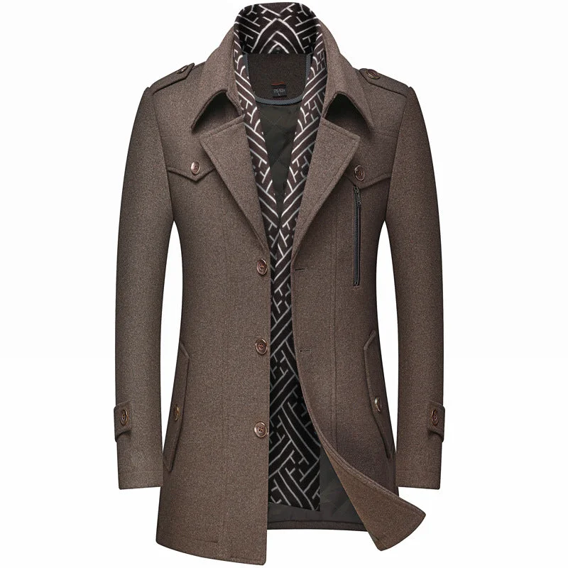 men's jackets with durable, non-slip fabric-Men's Classic Slim-Fit Wool Coat With Scarf