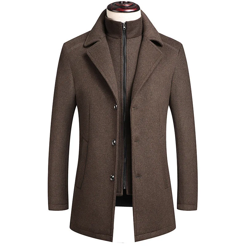 men's jackets with modern athletic fit-Men's Thick Double Layered Collar Wool Pea Coat