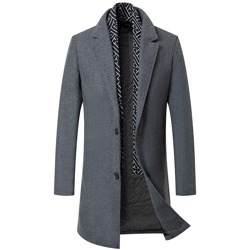 men's jackets with comfortable fleece cuff lining-Men's Premium Slim Fit Wool Coat With Scarf