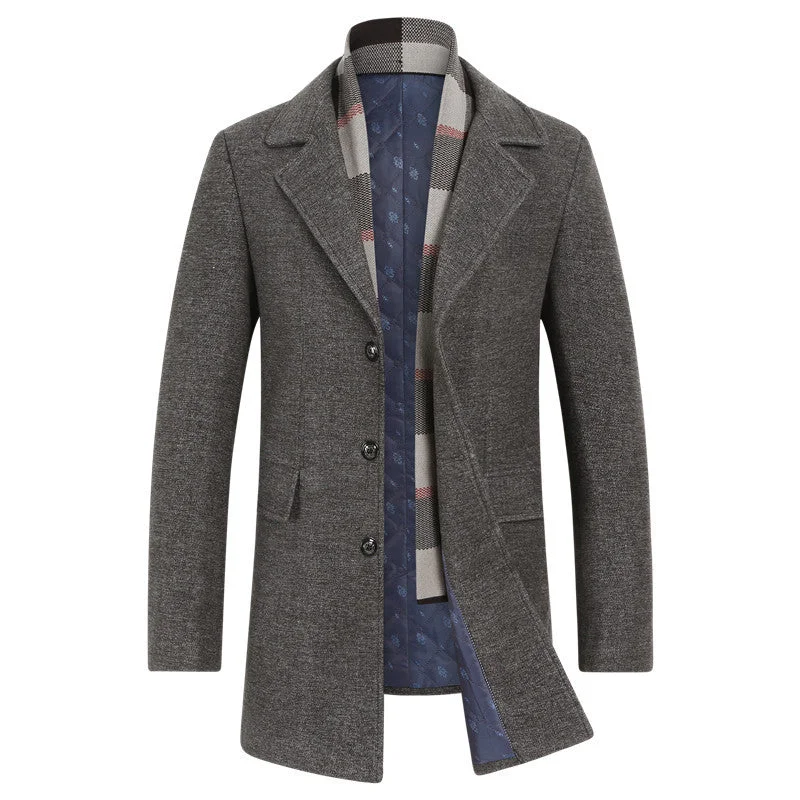 men's jackets with quick-access zip pockets-Men's Top Slim-Fit Wool Coat With Scarf