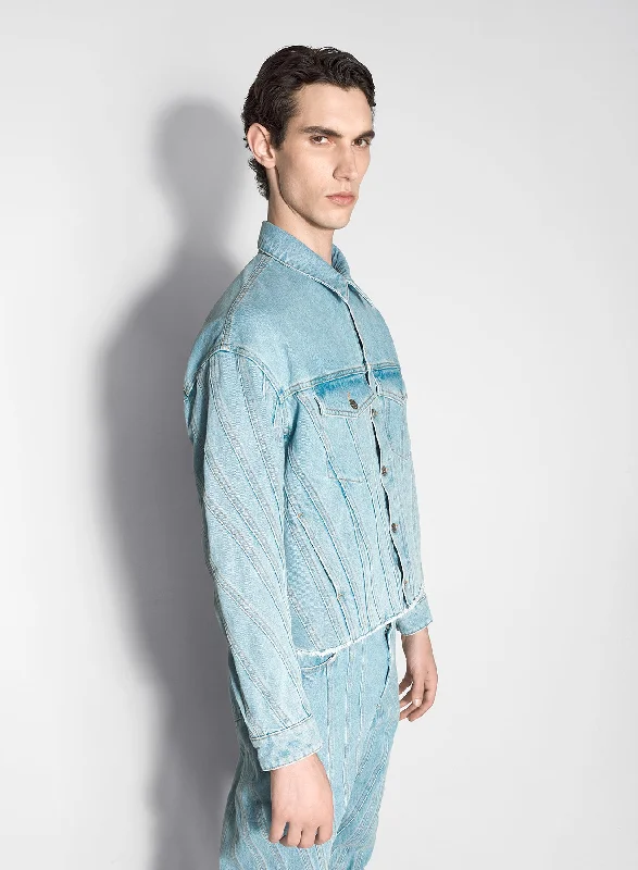 men's jackets with outer fabric protection-light blue spiral denim jacket