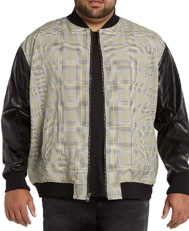 men's jackets with durable, weather-resistant finish-Plaid Bomber Jacket with Faux Leather Sleeves