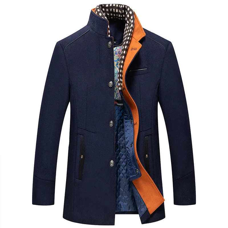 men's jackets with warm down fill-Men's Winter Thick Stand Collar Detachable Scarf Wool Coat