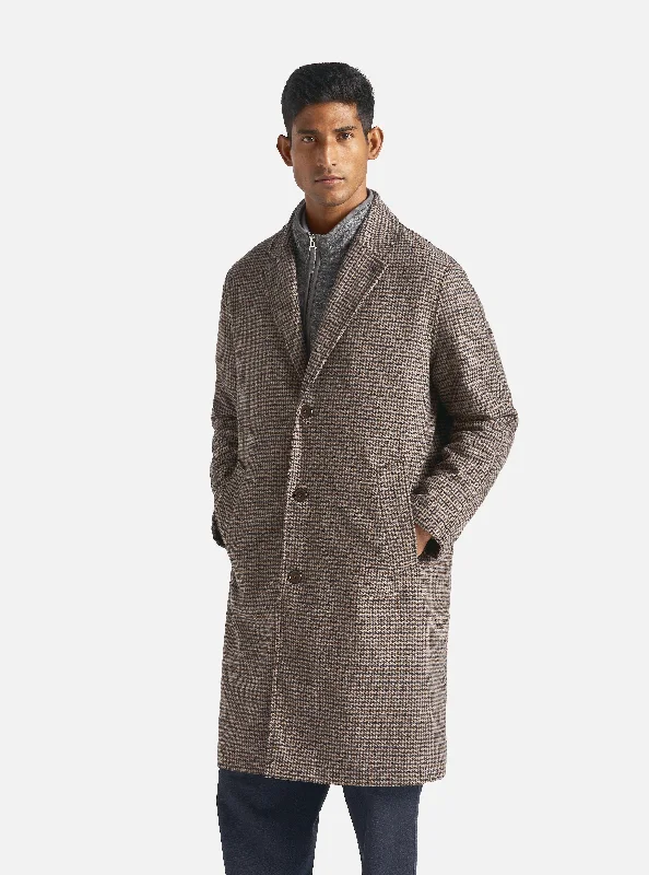 men's jackets with smooth fleece exterior-Universal Works Top Coat in Stone/Navy Carde Tweed