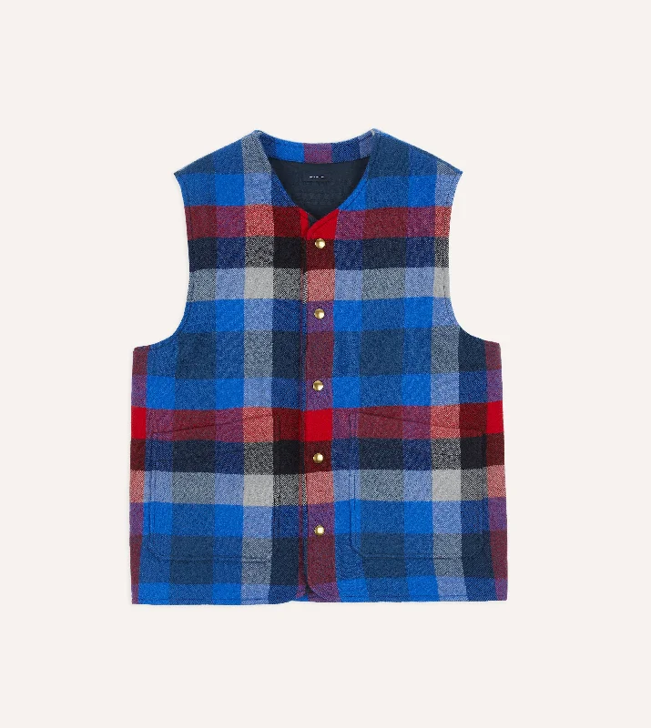 men's jackets with quilted inner padding-Blue Check Wool Snap Vest