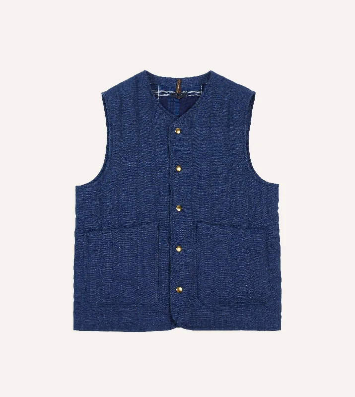 men's jackets with full-length zipper for coverage-Blue Linen Quilted Snap Vest