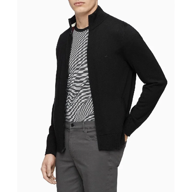 Men's samoon sweater-Calvin Klein Men's Merino Wool Full-Zip Sweater Black Size Small