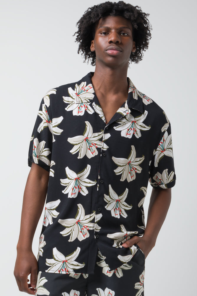 Men’s short-sleeve ivor tees-Flower Short Sleeve Shirt Black