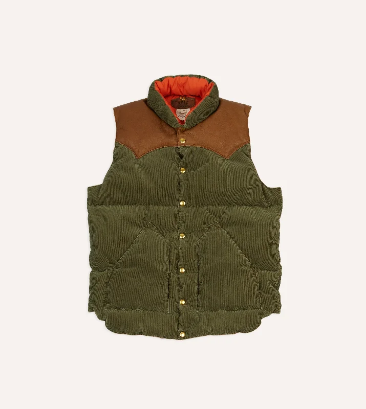 men's jackets with anti-wrinkle fabric-Rocky Mountain Featherbed for Drake's Olive Corduroy Christy Down Vest