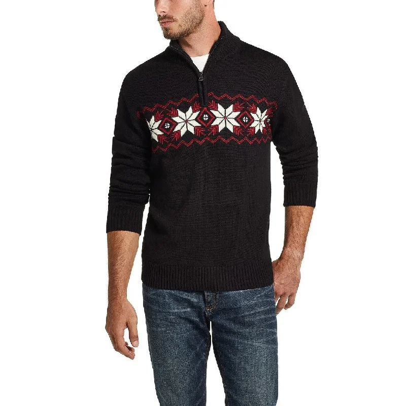 Men's weld sweater-Weatherproof Vintage Men's Snowflake Quarter-Zip Sweater Black Size Extra Large