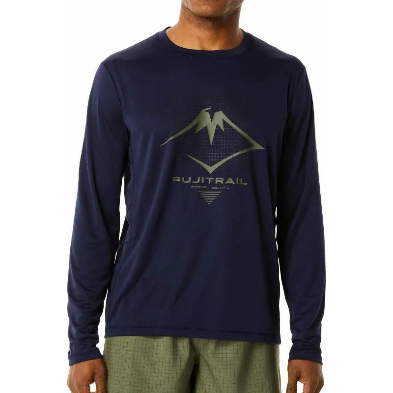 Men’s short-sleeve wisp shirts-Asics Fuji Trail Logo Long Sleeve Mens Running Top - Navy