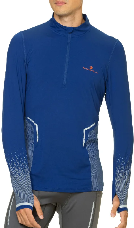 Men’s short-sleeve dint tops-Ronhill Tech Reflect Half Zip Long Sleeve Mens Running Top - Blue