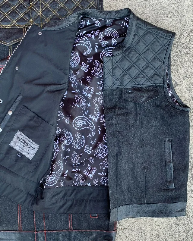 Men’s short-sleeve riven tees-'Unik' Men's Paisley Lined Denim-Leather Vest - Black