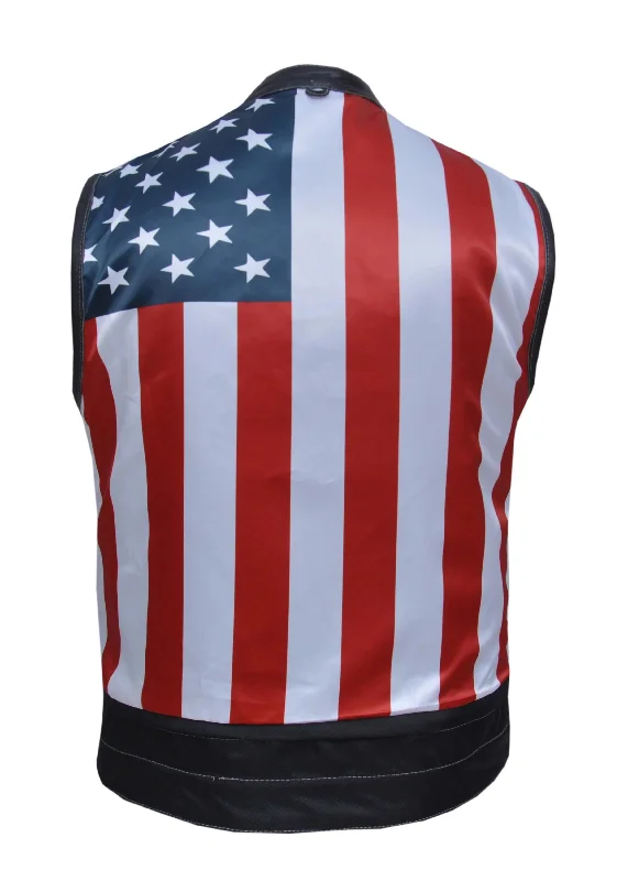 Men’s short-sleeve moot tees-'Unik' Men's USA Flag Lined Leather Vest -Black