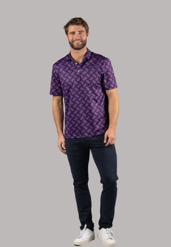 Men's stylish slash-cuff shirts-Black with Purple Waves Print Polo Shirt