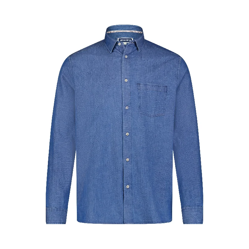 Men's sleek nano shirts-Blue Denim Stretch Long Sleeve Shirt