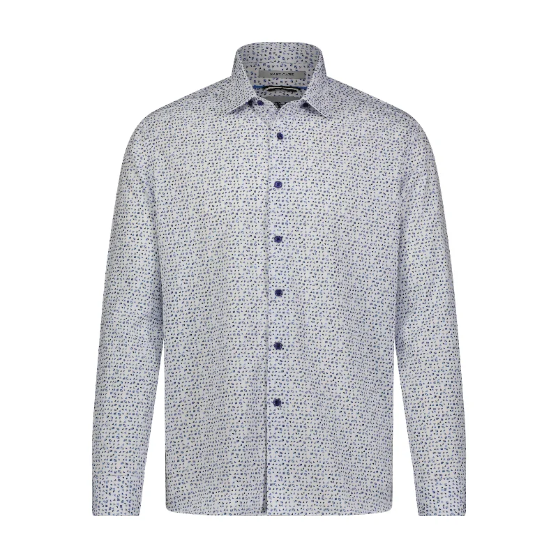 Men's casual twist-knit shirts-Blue Geo Print Hidden Button Down Long Sleeve Shirt