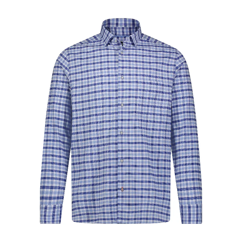 Men's classic reverse-stripe shirts-Blue Navy Plaid Check Woven Long Sleeve Shirt