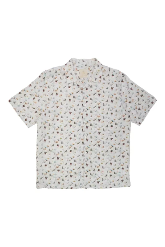 Men’s short-sleeve wren polos-Flower Linen Shirt In White