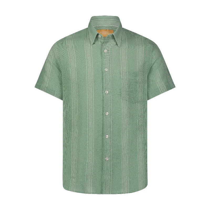 Men's relaxed armure shirts-Green with White Embroidered Striped Short Sleeve Shirt