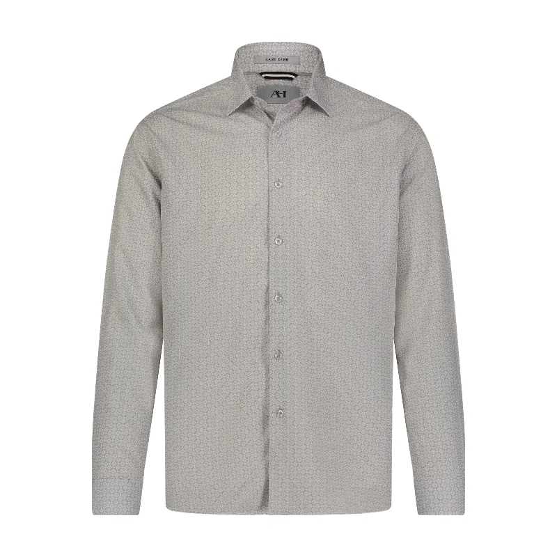 Men's sleek watt shirts-Grey Silver White Geo Print Hidden Button Down Long Sleeve Shirt