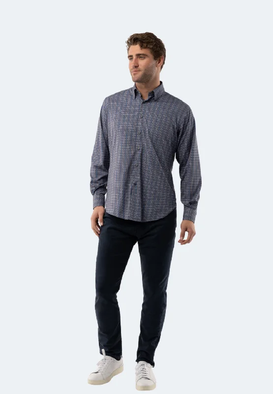 Men's subtle micro-helix shirts-Grey with Blue and White Plaid Shirt